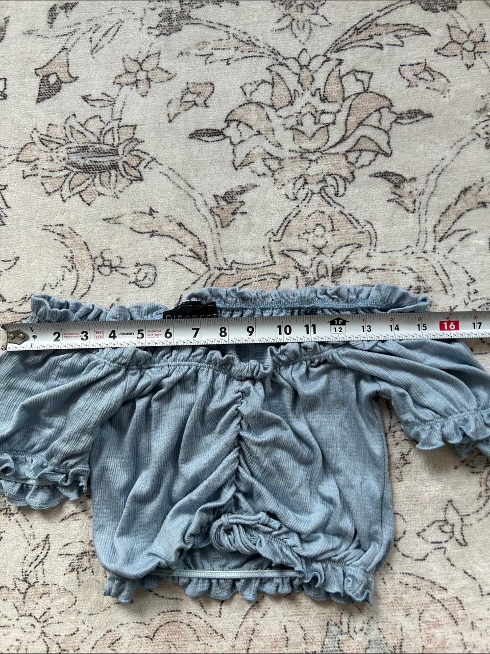 Discreet - Dusty Blue Ruched Ruffle Off The Shoulder Crop Top - Picture 10 of 10